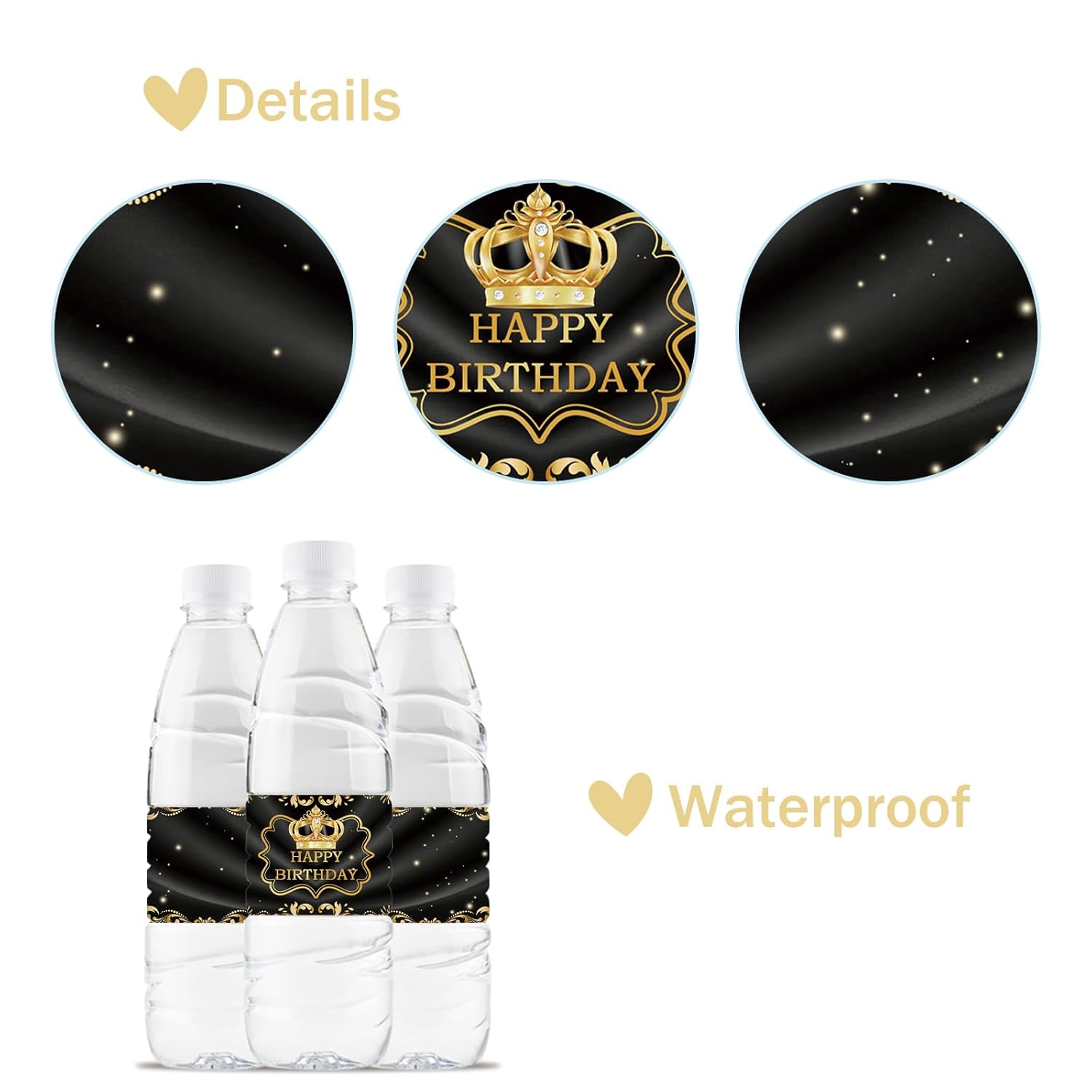 32 Pcs Gold Black Happy Birthday Water Bottle Labels, Crown Birthday King Water Bottle Labels, Black Birthday Bottle Wrappers For 21St 30Th 40Th 50Th Birthday Party Decorations