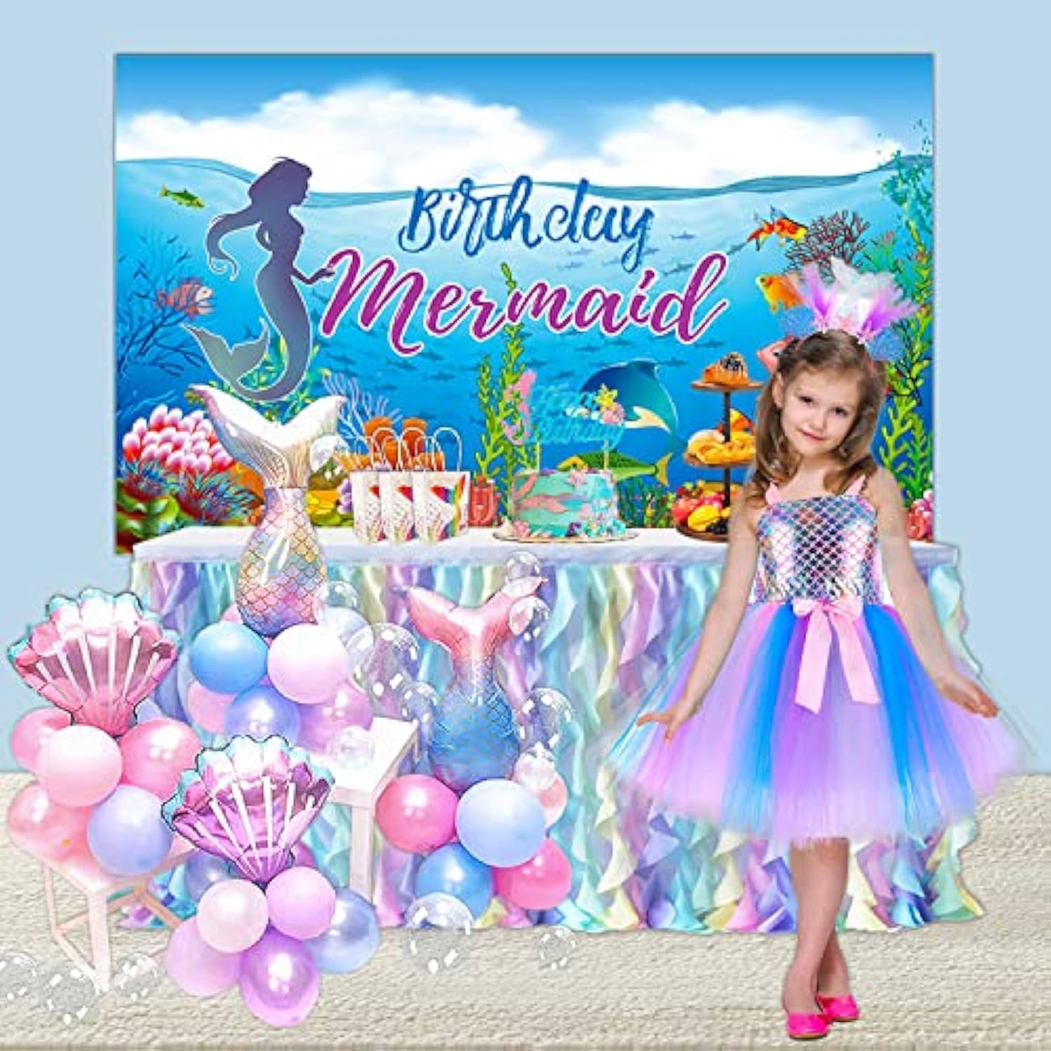 50Pcs Mermaid Theme Kit, Little Mermaid Tail Foil And Sea Shells Latex Balloons Arch For Birthday Party Decorations For Girls, Baby Shower, Backdrop Decorations