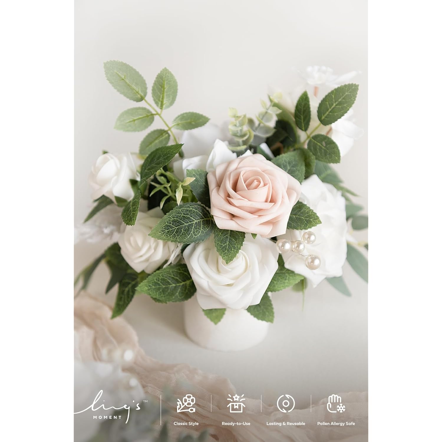 White & Sage Artificial Flowers With Vase Wedding Decor Centerpiece Flower Potted For Ceremony Reception Tabletop Desk Flowers Mantel Archway Aisle, Fake Flowers Set Of 4