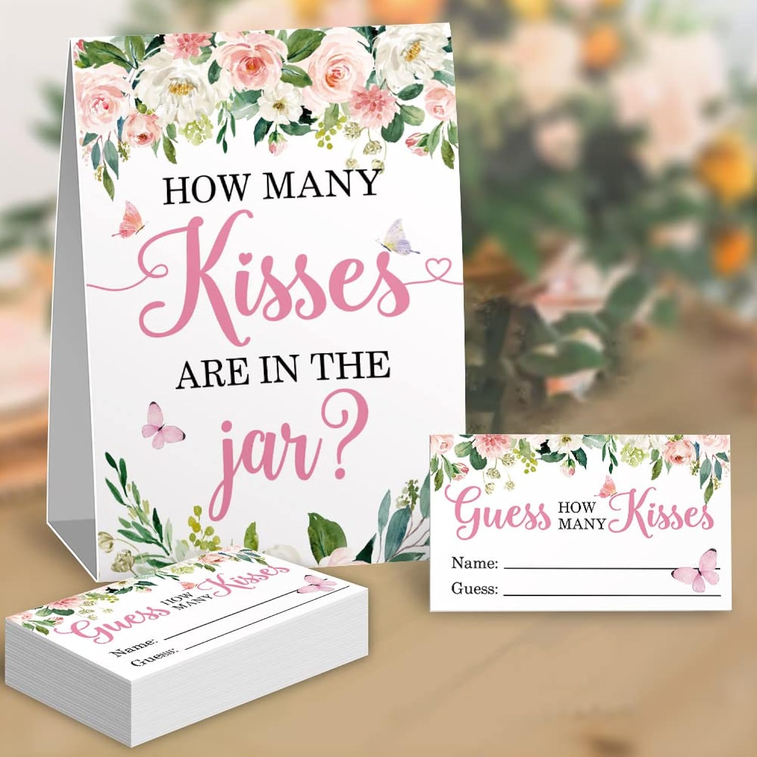 How Many Kisses Baby Shower Party Game Cards, Floral Butterfly Kisses Guessing Baby Showers Party Raffle Ticket, Bridal Shower Party Decorations Game Cards Kit (1 Standing Sign + 50 Guessing Cards)