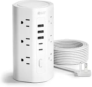 Power Strip Tower 12 Outlets 5 USB Ports 2 USB C 10FT Flat Plug Surge Protector Charging Station White