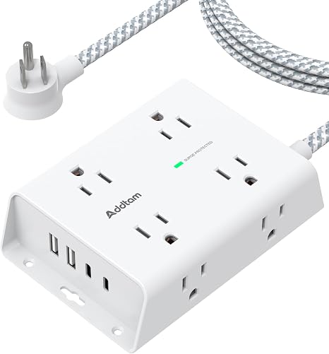 Surge Protector Power Strip 8 Wide Outlets 4 USB Ports 2 USB C 5FT Flat Plug Wall Mount White