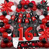 16Th Birthday Decorations For Boys & Girls, 84 Pcs Red Black 16Th Party Decorations, Birthday Party Supplie With Banner, Fringe Backdrop, Foil Star Balloons, Hanging Swirls, Tablecloth Garland Arch