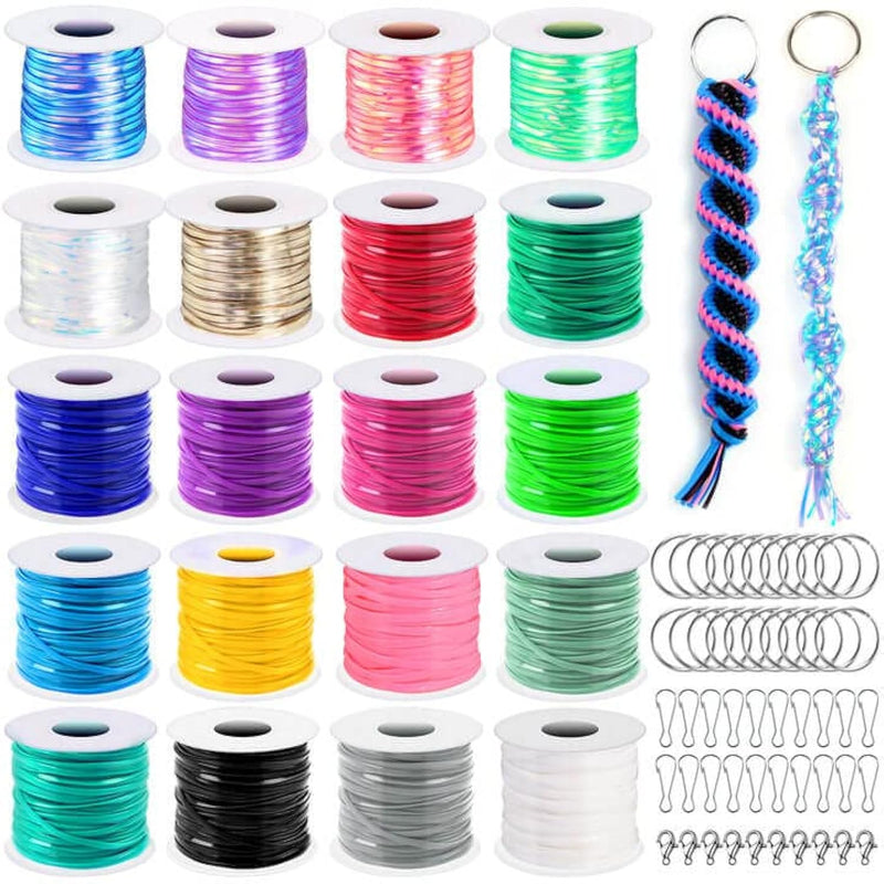 Boondoggle Lanyard String Kit With 20 Rolls Plastic Lacing Cord And 50Pcs Keyc