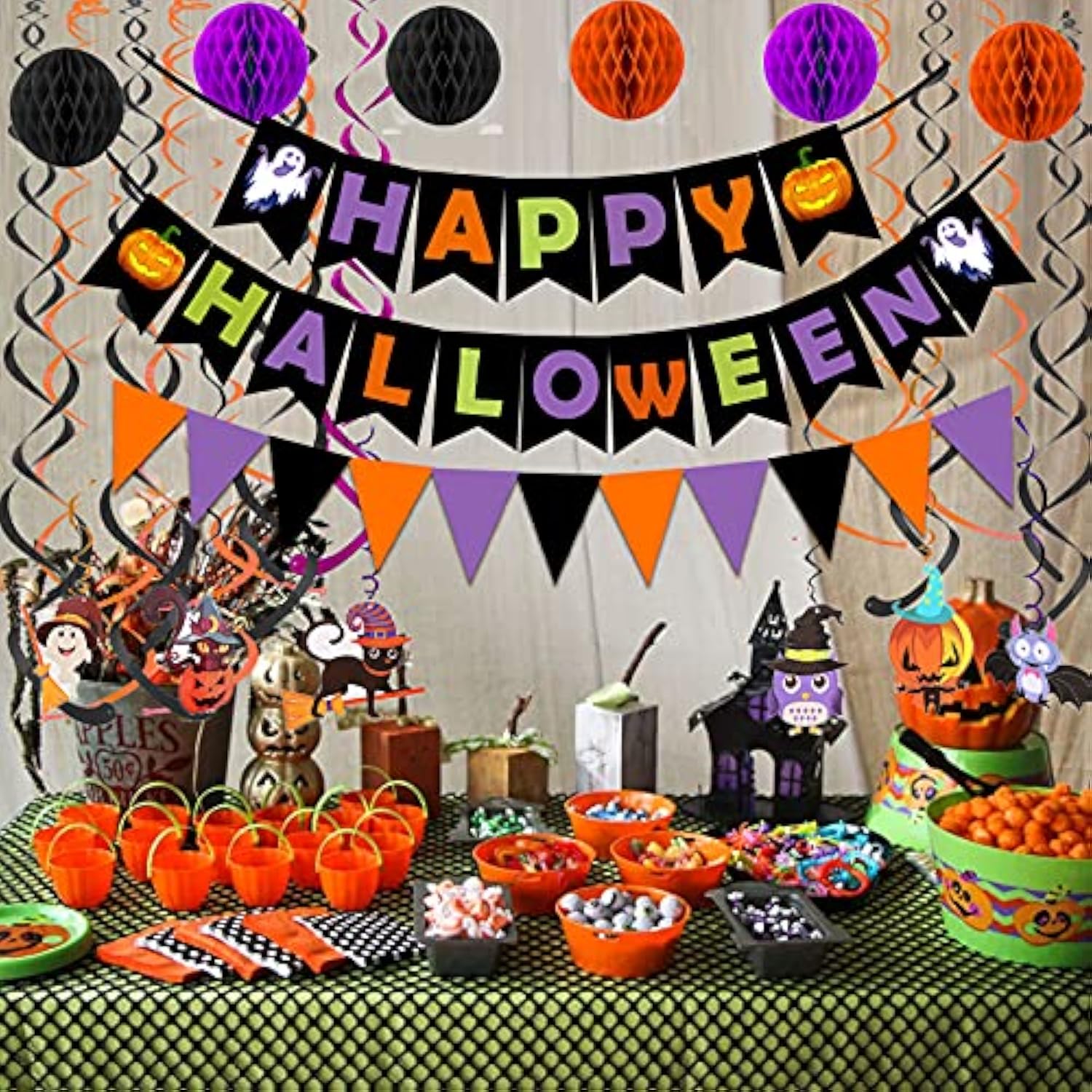 Happy Halloween Banner with Triangle Flags Confetti Garland Honeycomb Balls Streamers Party Decor
