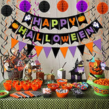 Happy Halloween Banner with Triangle Flags Confetti Garland Honeycomb Balls Streamers Party Decor