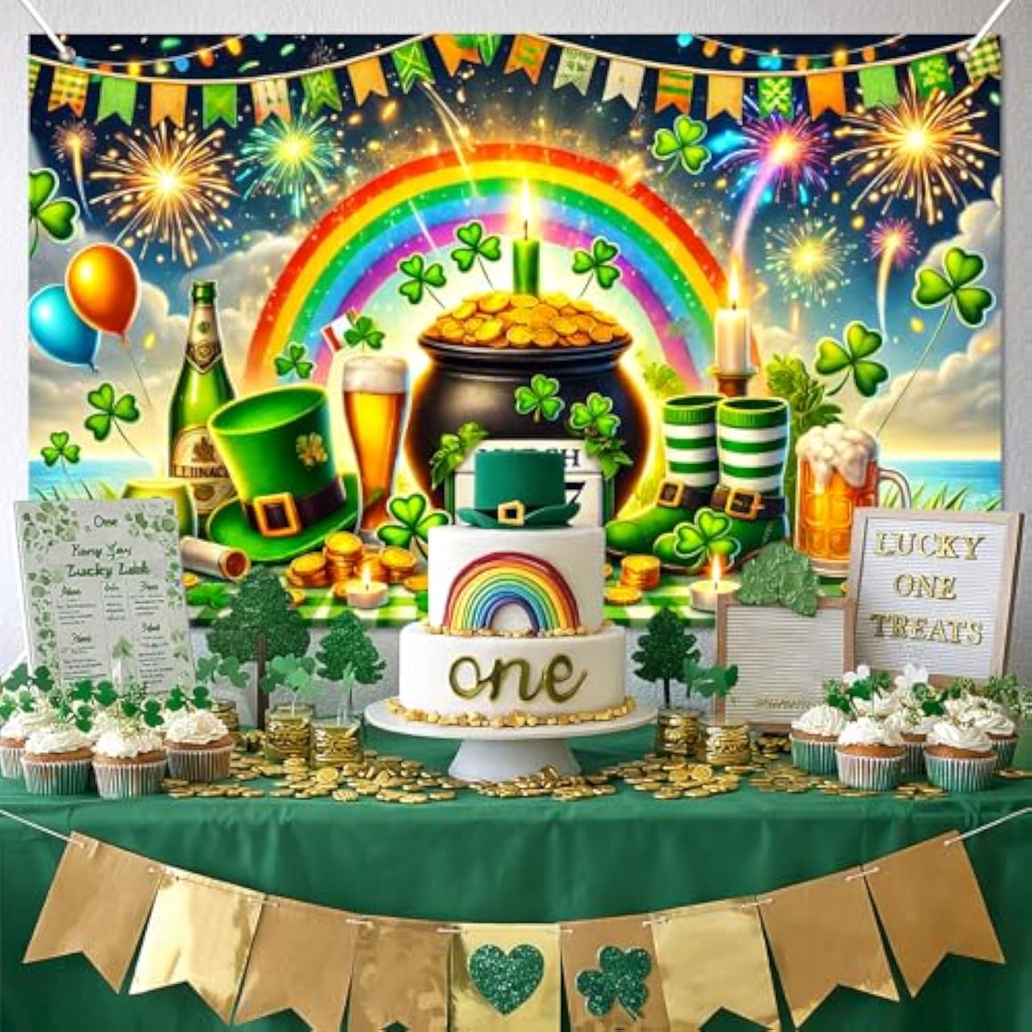 St. Patrick'S Day Banner Happy St. Patrick'S Day Decorations Rainbow Gold Coin Shamrock Party Wall Decor March 17 Holiday Photo Background Indoor Outdoor 71X43 Inch