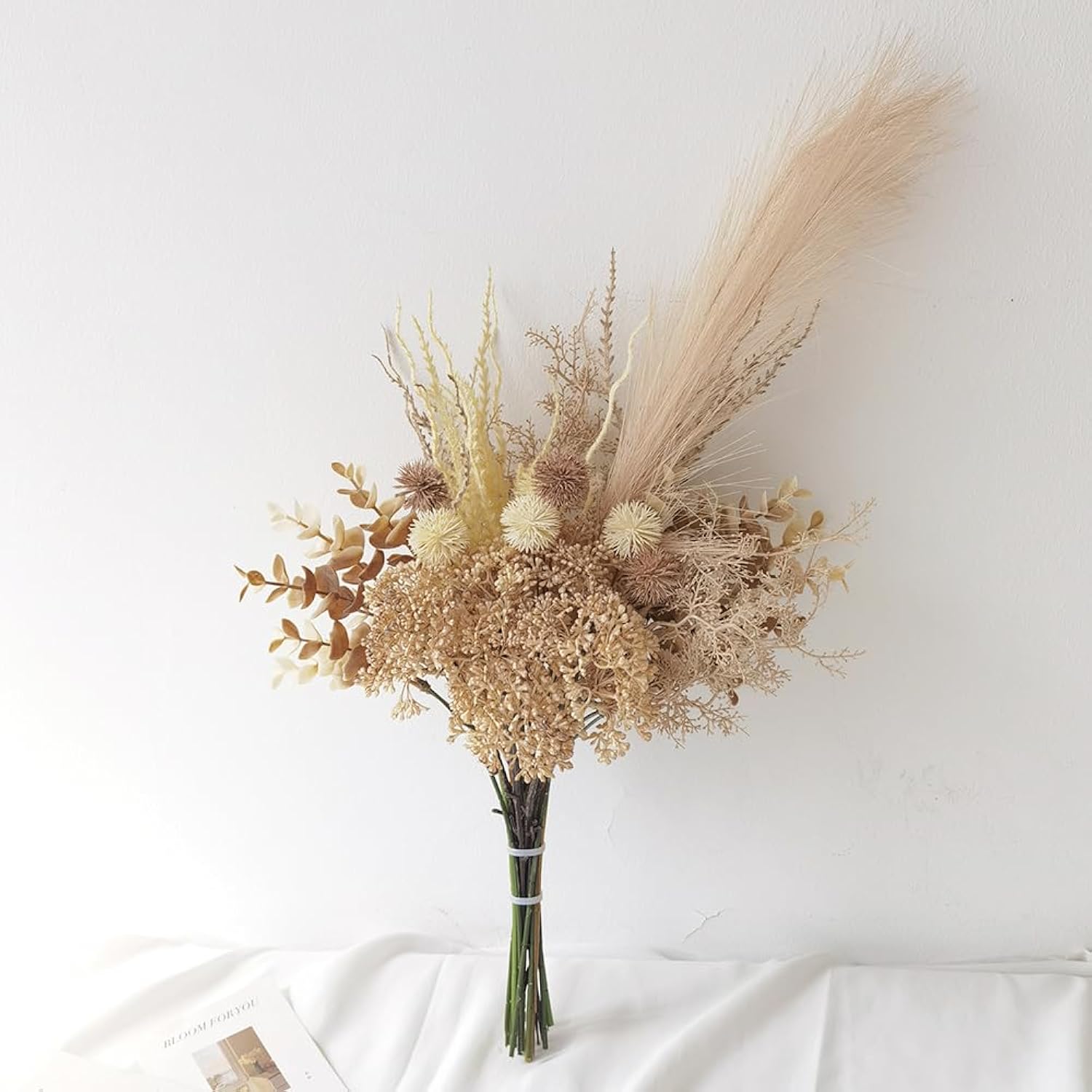 Artificial Fall Pampas Grass Flowers Bouquet Boho Home Decor Fake Floral Arrangement For Wedding Party Table Room Leaf Fall For Vases Centerpieces Autumn Harvest Festival (Beige-A)