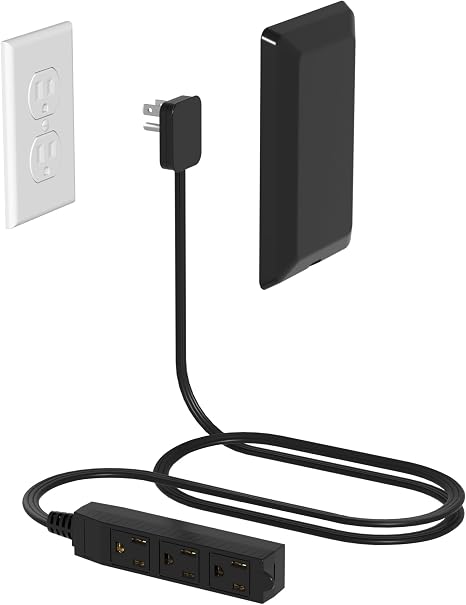 Flat Plug Power Strip 3 AC Outlets 3FT Ultra Thin Extension Cord Black