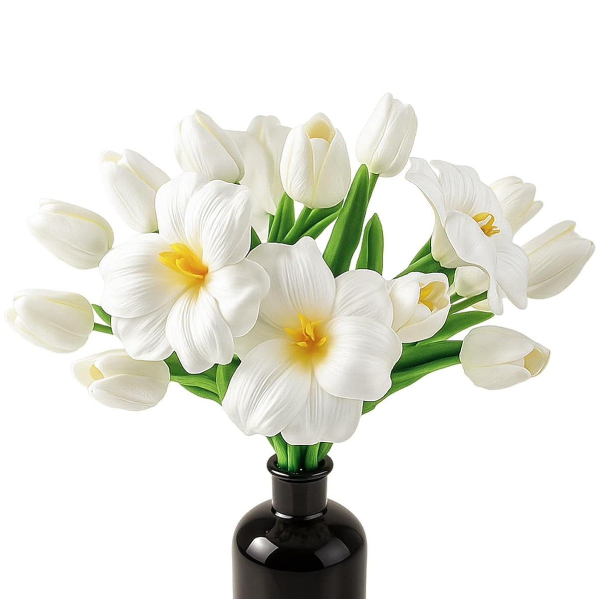 16 Pcs Artificial Tulips Flowers White Pu Realistic Faux Tulip Stems 12 Buds & 4 Full Blooms Fake Flowers For Home Table Wedding Spring Easter Decor