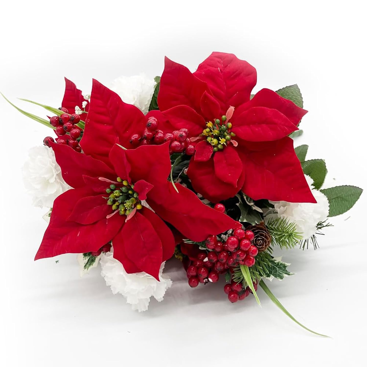 18 Stems Artificial Poinsettia Bouquet Fake Christmas Flower, Faux Velvet Poinsettia Carnations - For Home Decor, Holiday Bush, Indoor Floral, Cemetery Flowers - White/Red