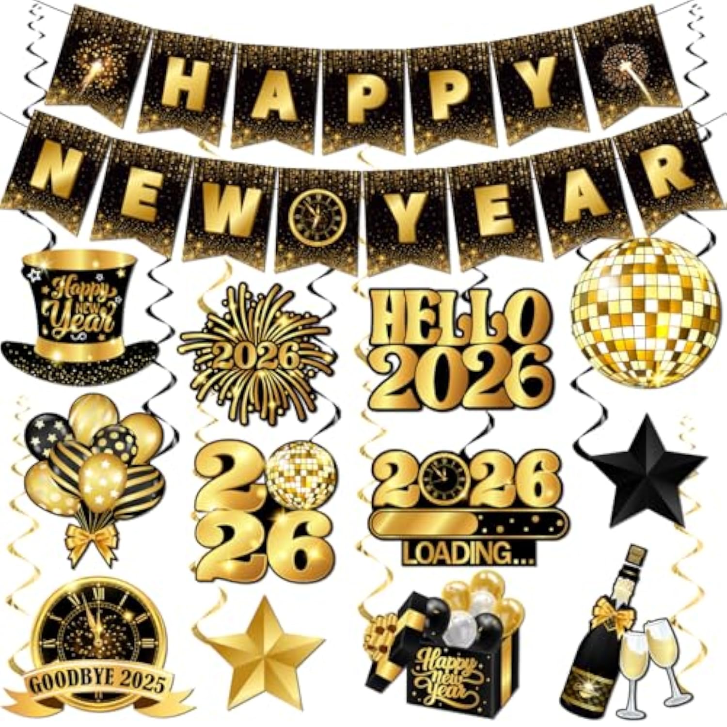 Black Gold Happy New Year 2026 Banner and Hanging Swirls Party Decorations