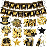 Black Gold Happy New Year 2026 Banner and Hanging Swirls Party Decorations