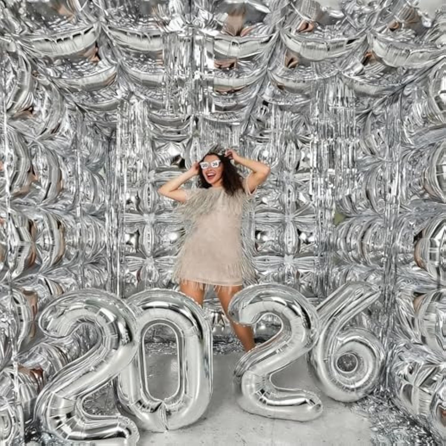 Silver Square Foil Balloons Chrome Double-Sided Wall & Arch Kit for NYE