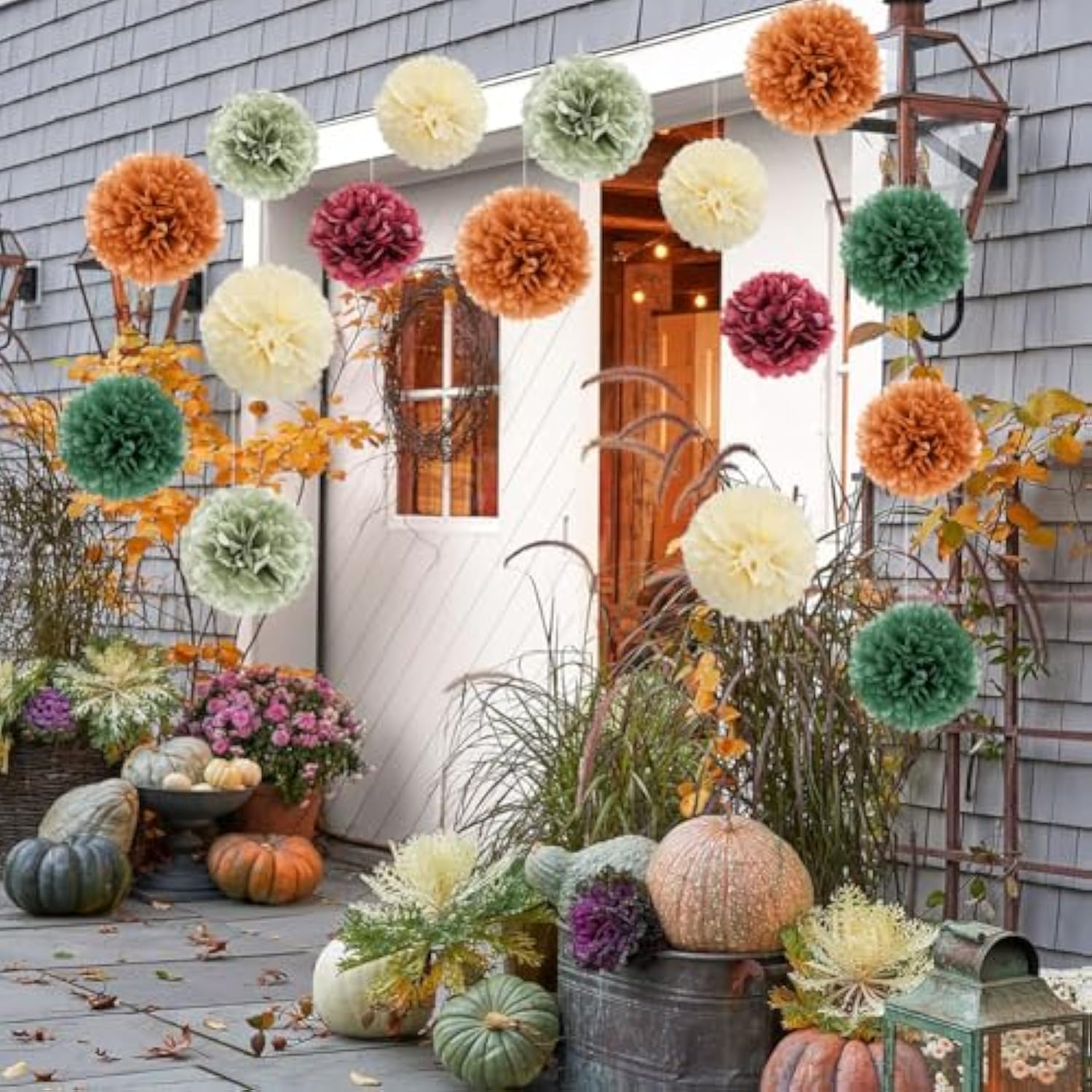 16Pcs Fall Tissue Pom Pom Decorations Orange Green Burgundy Sage for Baby Shower Party