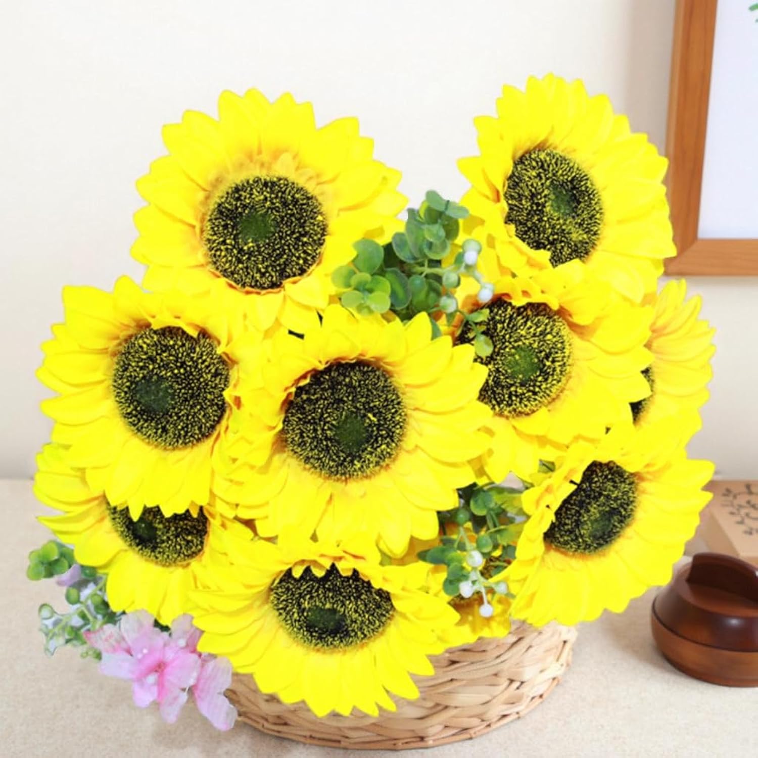 Realistic Sunflower Big Artificial Flowers With Eucalyptus Leaf And Fabric Butterfly, As A Tabletop Bouquet Or Outdoor Garden Decoration 12Pcs
