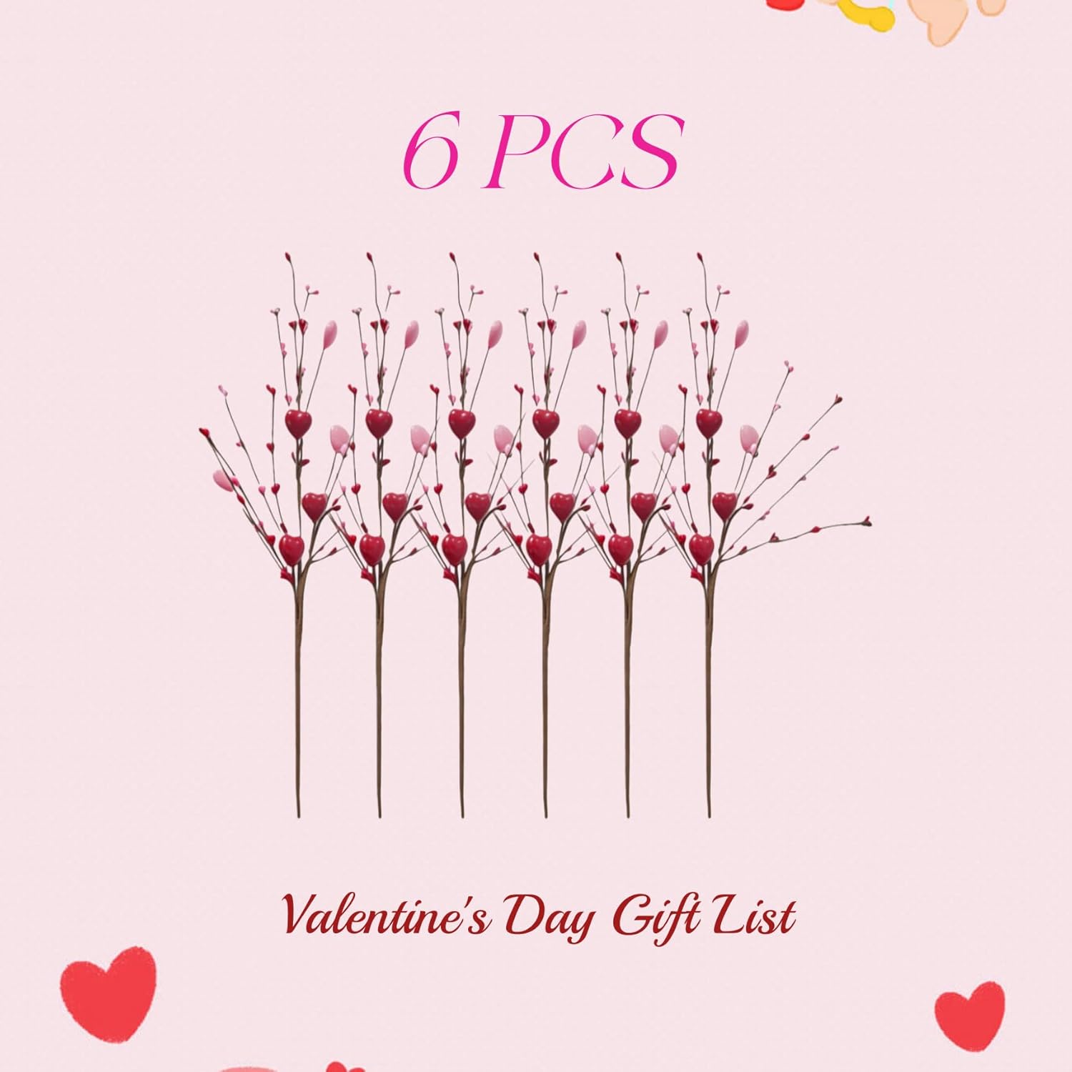 Valentine'S Day Decoration 6 Pcs 17-Inch Valentine'S Day Picks With Artificial Pink Red Heart Berry Branches For Wedding Anniversary Party And Table Centerpieces