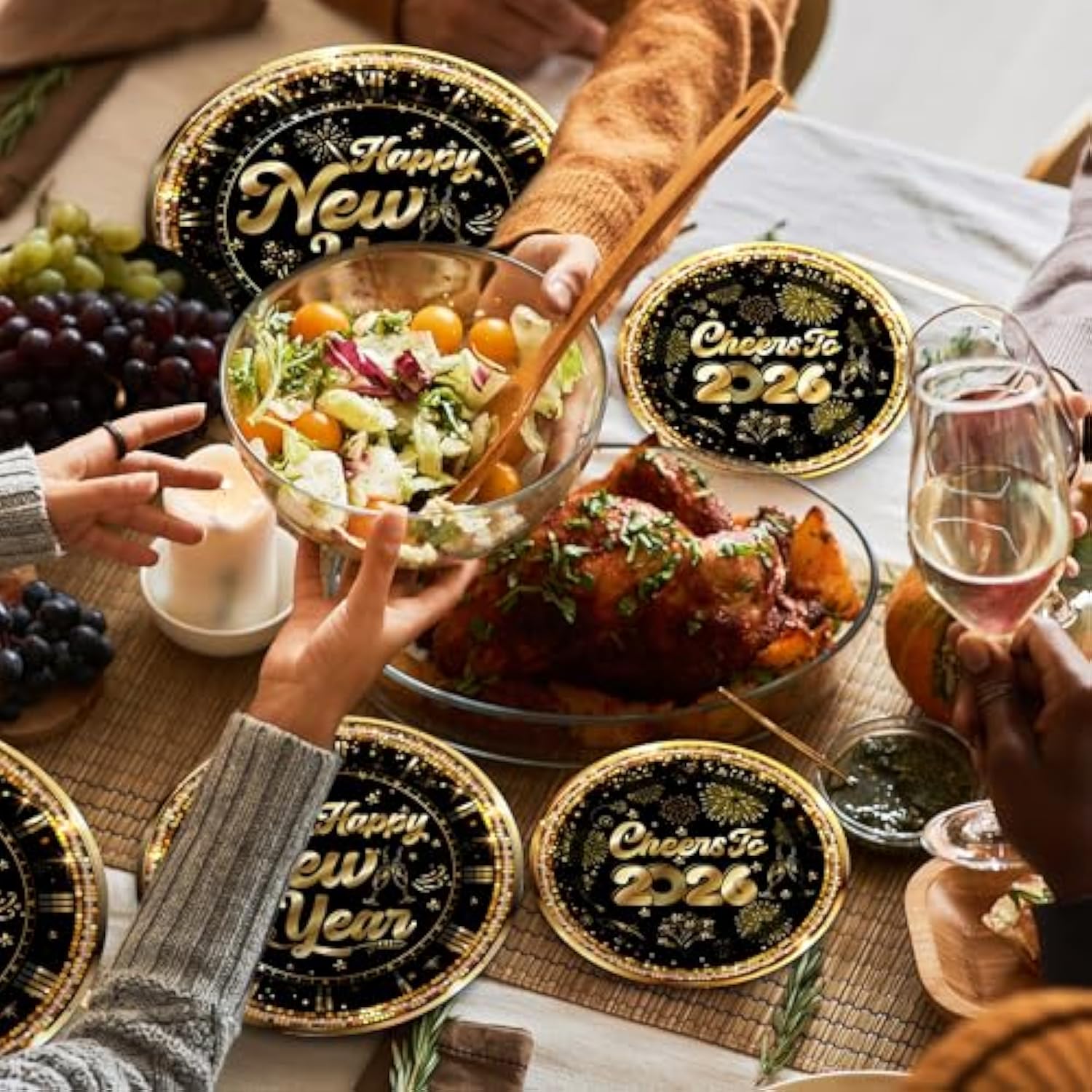 Happy New Years Decorations - 96 Pcs Cheers To 2026 Eve Plates And Napkins Forks Tableware Black And Gold Paper Disposable Dessert Dinner Dinnerware Party Supplies Set Gift Serve 24 Guests