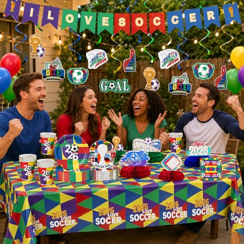 Soccer Theme Party Supplies Set, Soccer Birthday Party Decorations Kit with Plates, Cups, Napkins, Tablecloth, Banner, Hanging Swirls and Honeycomb Centerpieces for Game Day Party