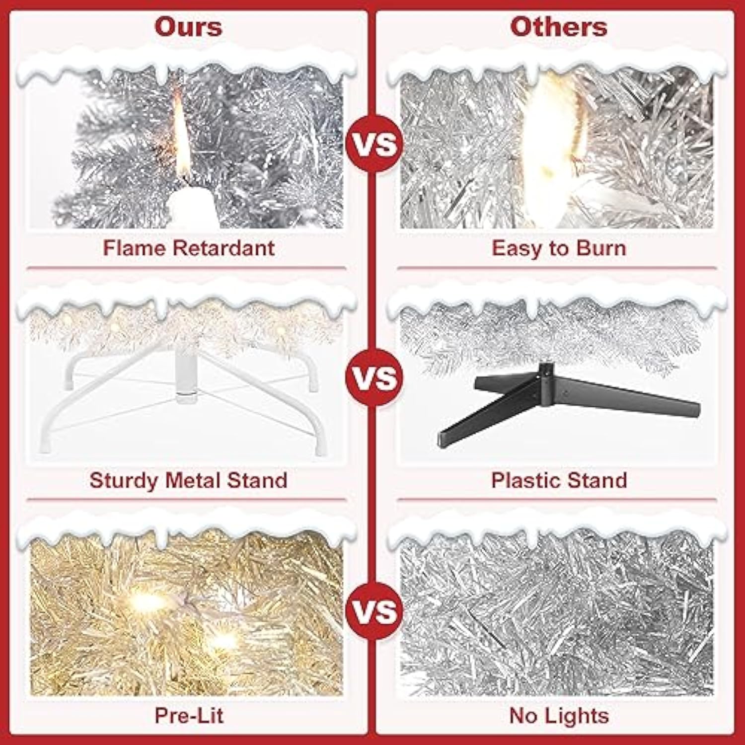 Pre-Lit Pencil Christmas Tree 7.5Ft Artificial Silver Tinsel Xmas Tree With Metal Stand