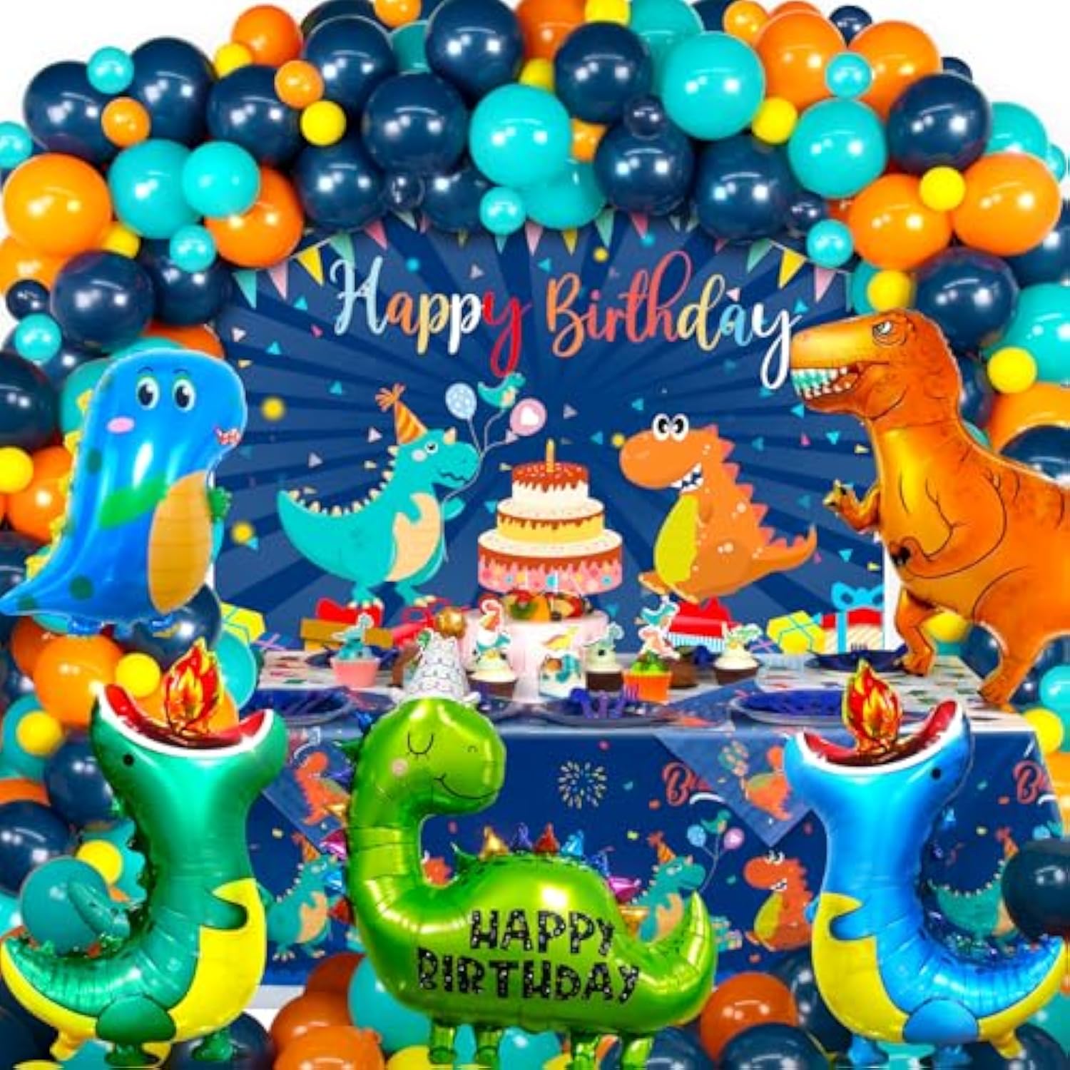 140 Pcs Dinosaur Birthday Party Decorations, Blue Dinosaur Party Decorations For Boys Girls Kids Includes Balloons, Customized Backdrop, Tablecloth For Baby Shower Decorations