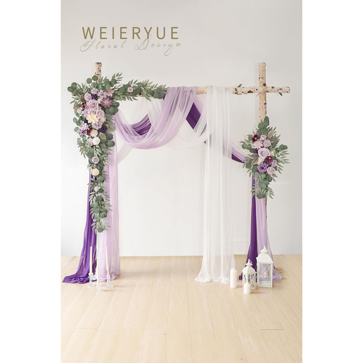 Deluxe Purple Artificial Wedding Arch Flowers With Drapes Kit-Pack Of 5, 2Pcs Flower Arrangements 3Pcs Hanging Sheer Drapes Blue Ceremony Arbor Reception Backdrop Rose Floral Decorations.