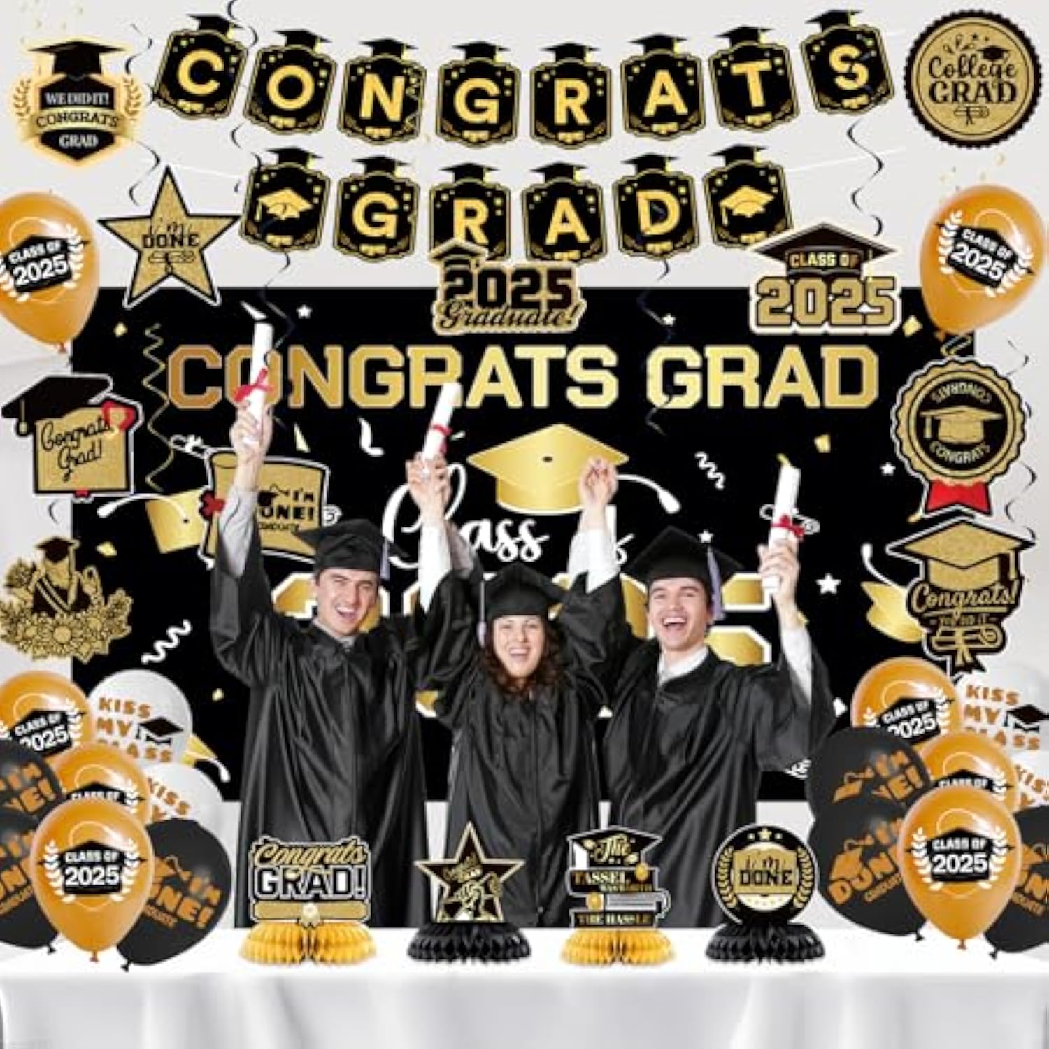 Graduation Decorations Class Of 2025 - Black And Gold Graduation Party Decorations With Congrats Grad Banner, Grad Backdrop, Porch Banner, Balloons, Centerpieces, Hanging Swirl For Grad Party