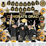 Graduation Decorations Class Of 2025 - Black And Gold Graduation Party Decorations With Congrats Grad Banner, Grad Backdrop, Porch Banner, Balloons, Centerpieces, Hanging Swirl For Grad Party