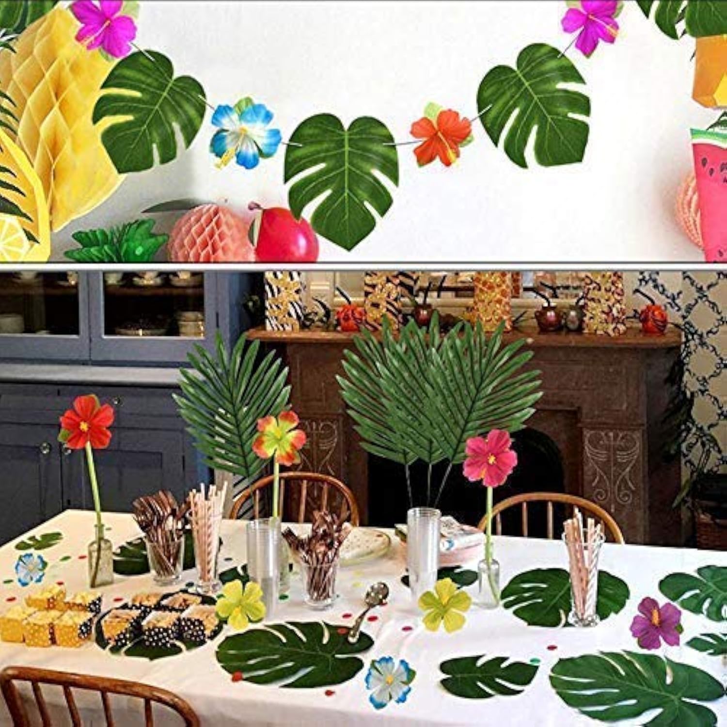 30 Pcs Faux Palm Leaves With Stems Artificial Tropical Plant Imitation Safari Leaves Hawaiian Luau Party Suppliers Decorations,Tiki,Aloha Jungle Beach Birthday Leave Table Decorations
