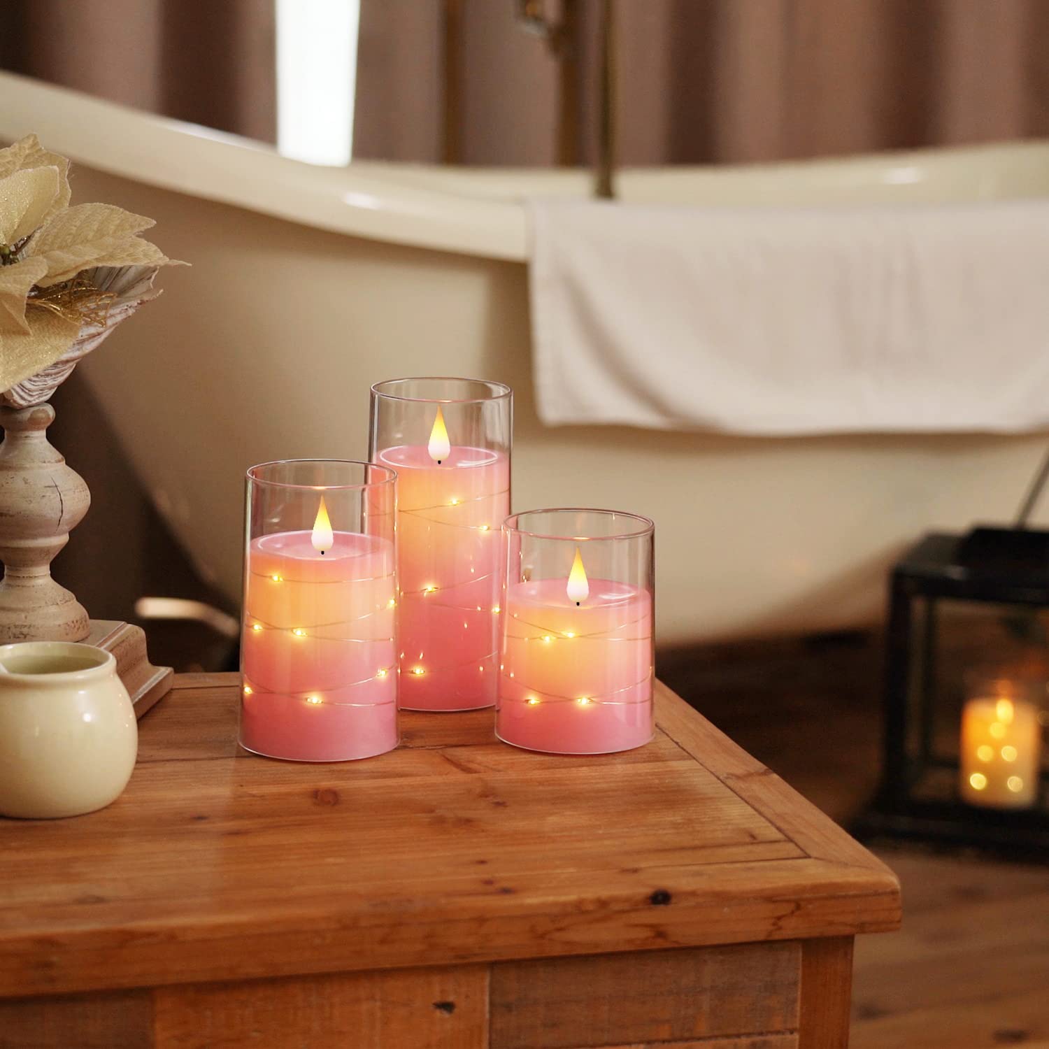 Flickering Flameless Candles With String Lights, Battery Operated Candles, Embedded String Lights Led Candles, Unbreakable Plexiglass Candle With Remote, Set Of 3, Pink