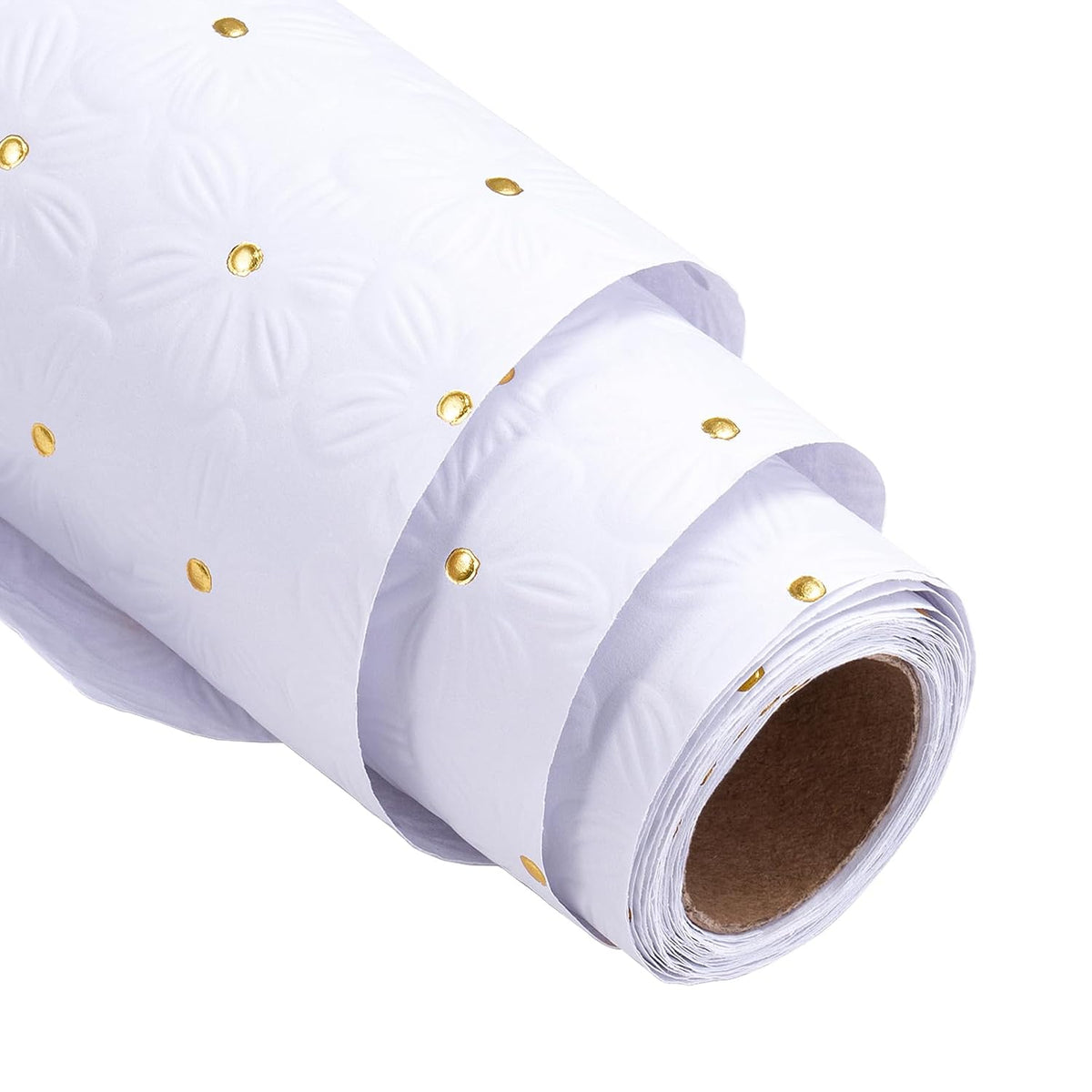 White Wrapping Paper Roll, Mini Roll, Flower With Gold Dot Design Perfect For Wedding, Birthday, Anniversary, Bridal Shower, 17 Inches X 16.4 Feet
