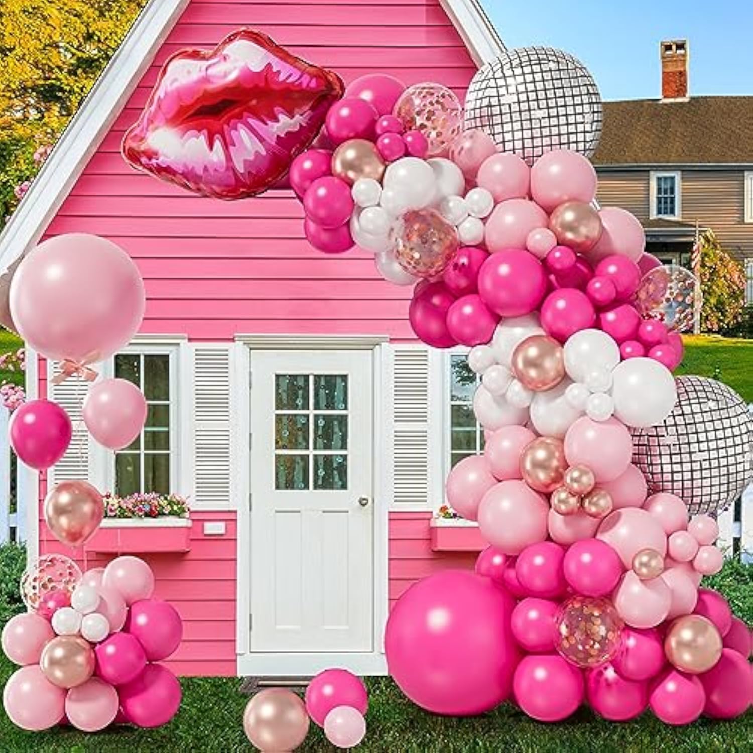 Pink Balloon Garland Arch Kit With Hot Pink Rose Gold Chrome Balloons