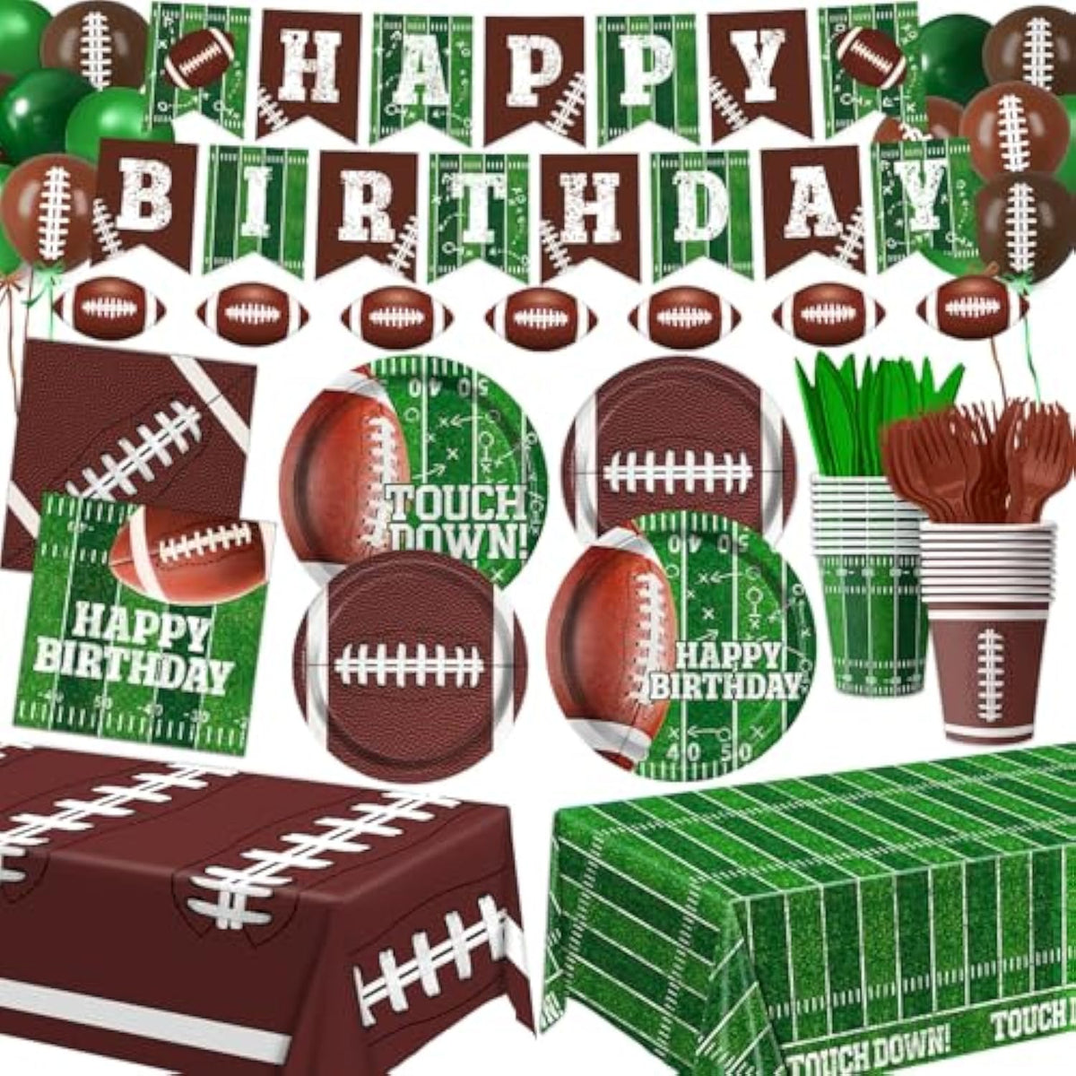 Football Birthday Party Decorations Includes Plates, Napkins, Cups, Banner, Balloons, Touchdown Tablecloth For Football Birthday & Tailgate Party Decorations, Serve 24