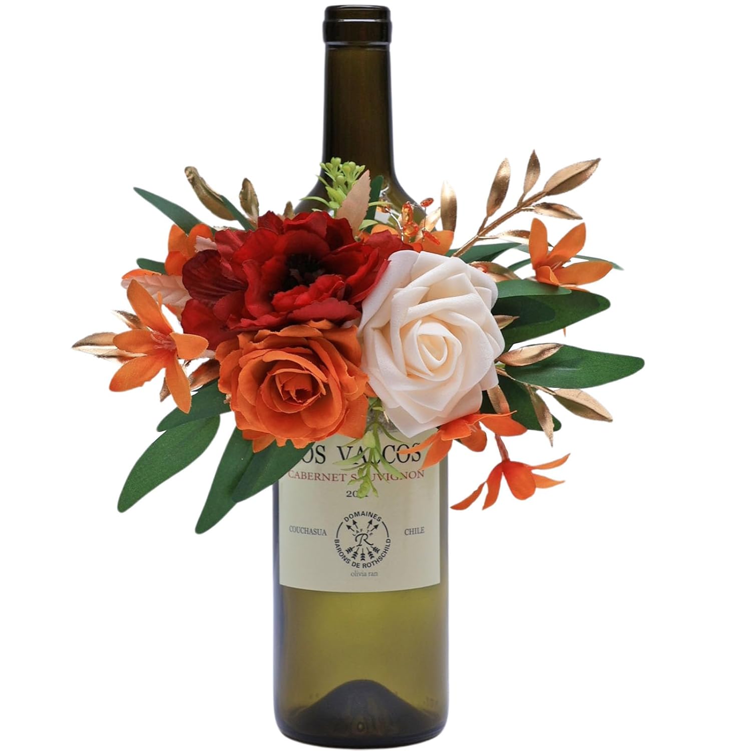 1Pcs Wine Bottle Flower Set, Dining Tables, Plates Decorations?Burnt Orange Artificial Flowers Wine Cup For Wedding Ceremony Anniversary, Wedding Home Decor