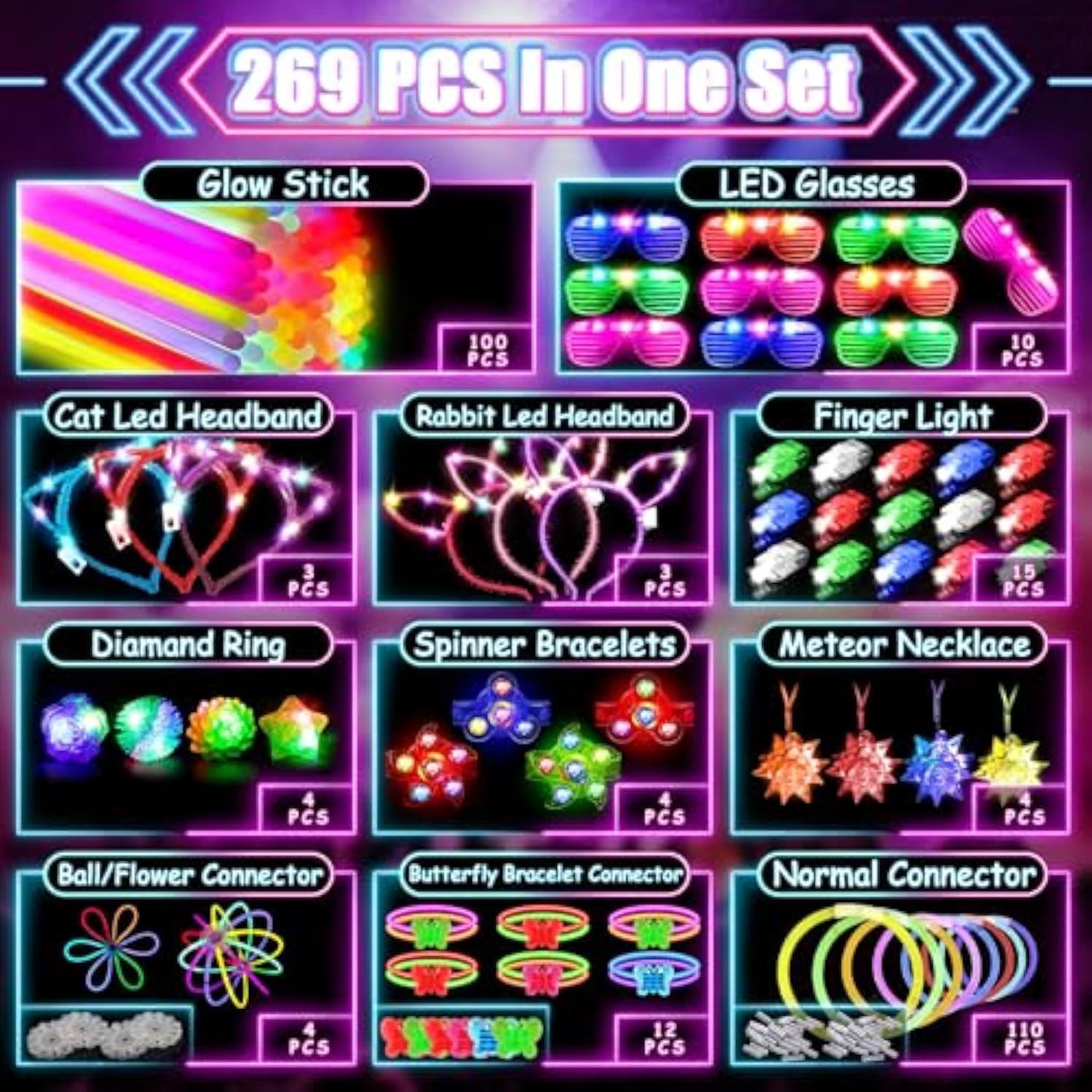 269-Piece LED Light-Up Party Favors with Glow Sticks, Glasses, and Toys