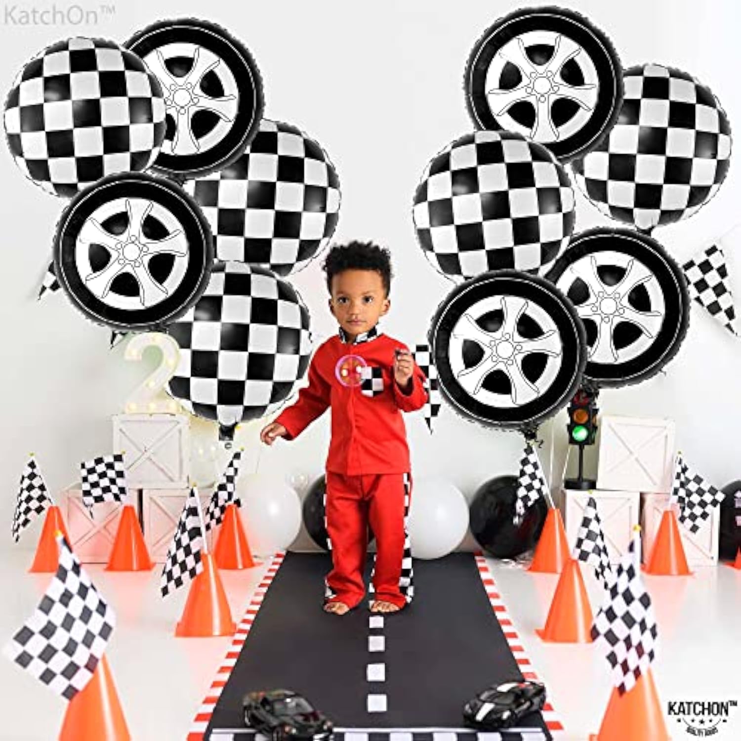 , Huge Tire Balloons And Checkered Balloons - 18 Inch, Pack Of 12 | Two Fast Two Curious Birthday Decorations | Tire Balloon, Two Fast Birthday Decorations | Race Car Birthday Party Decorations
