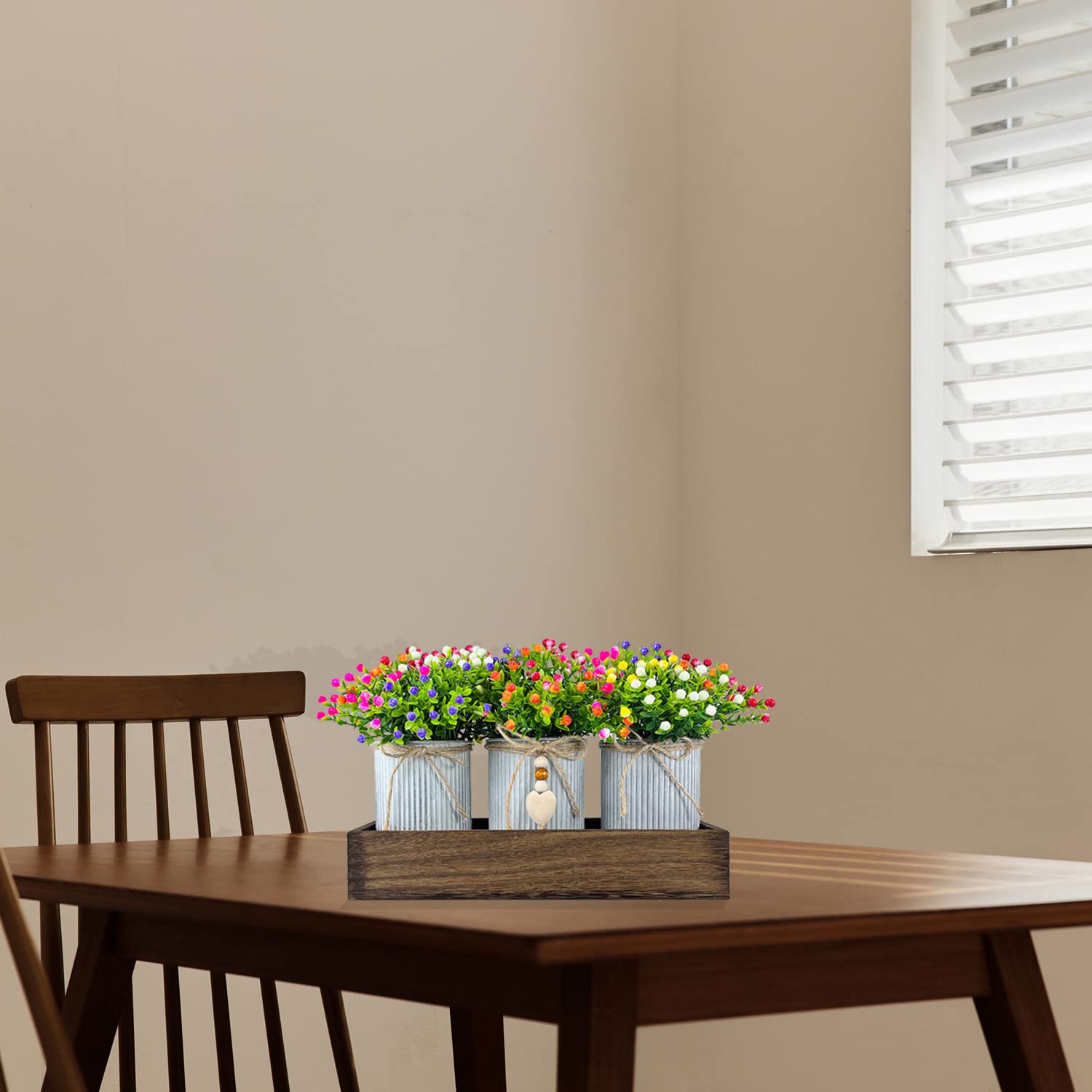 Table Centerpiece Decoration Artificial Flower Set With 3 Fake Milan Bouquet And Wood Tray For Desk Home Bathroom Office Décor