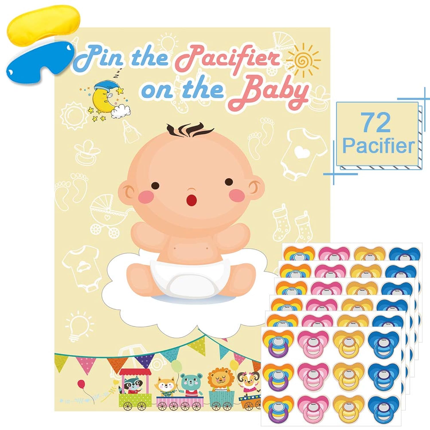 Pin The Pacifier On The Baby Game - Large Poster For Baby Shower Party, Kids Birthday Party Supplies - 72 Pacifier Stickers