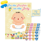 Pin The Pacifier On The Baby Game - Large Poster For Baby Shower Party, Kids Birthday Party Supplies - 72 Pacifier Stickers