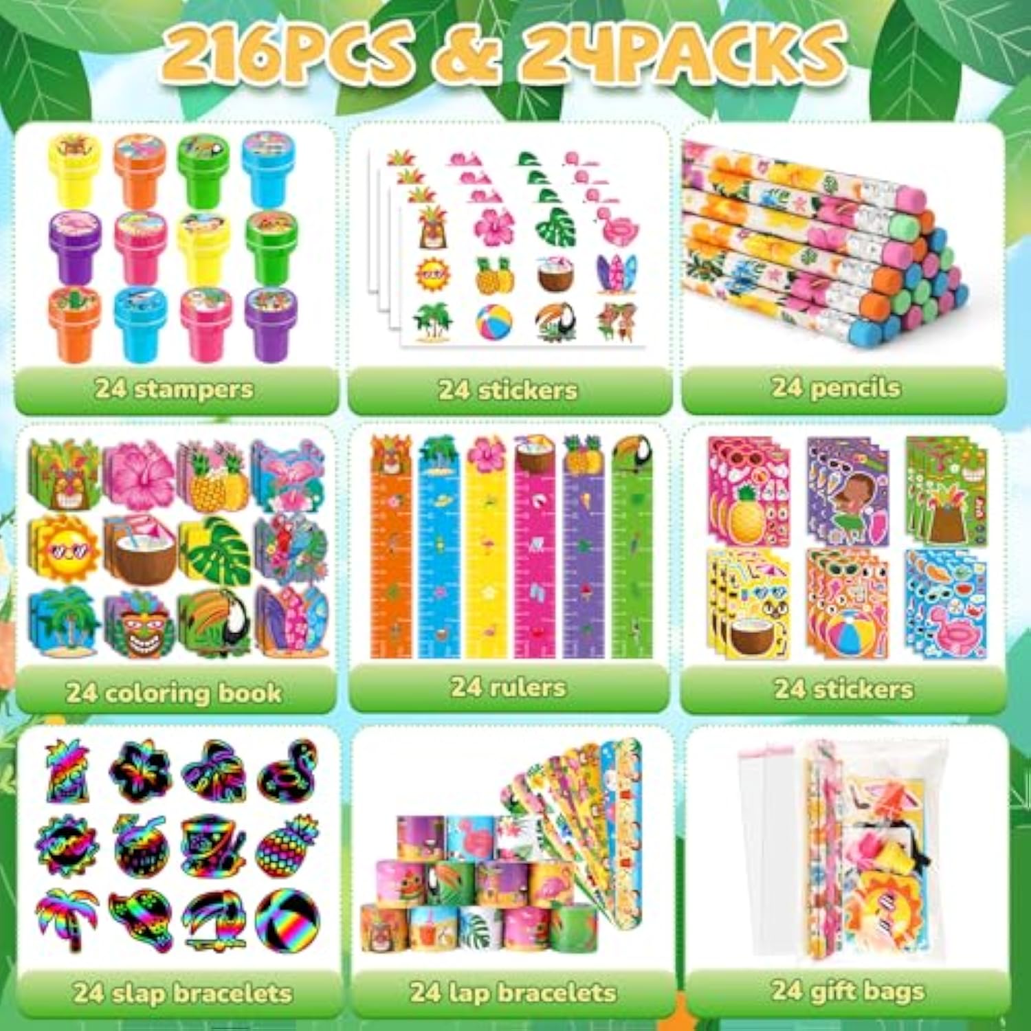 216Pcs Hawaiian Luau Party Favors Aloha Summer Tropical Tiki Theme School Stationery Set Bulk For Kids Beach Pool Birthday Party Goodie Bag Stuffers Classroom Gifts Rewards Pinata Filler
