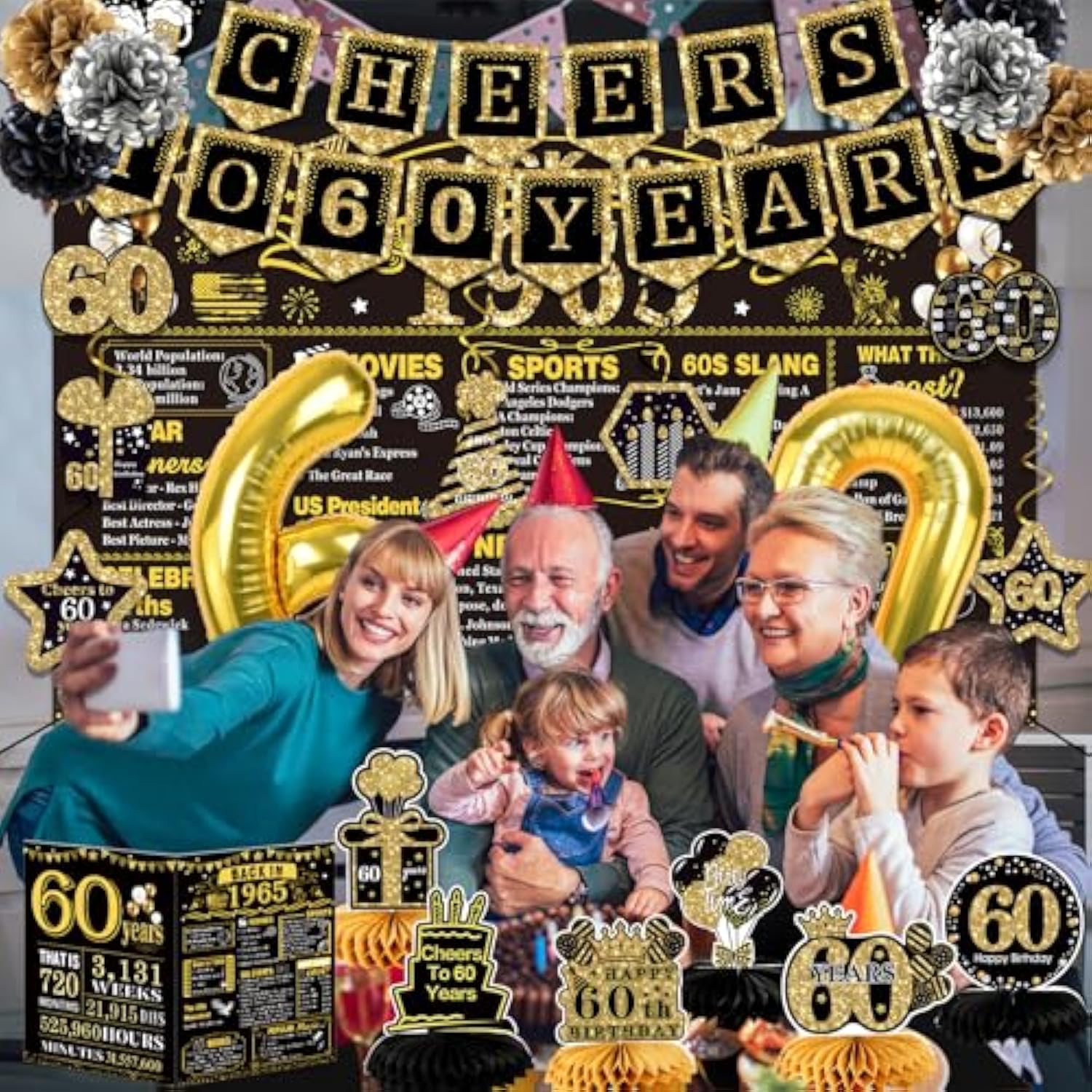 60Th Birthday Decorations For Men Women,24Pcs 1965 Banner Decorations,Including Banner,6 Honeycomb Topper,60 Balloons,Cheers To 60 Years Banner,7 Hanging Swirl,6 Paper Poms,Anniversary Card,Sash