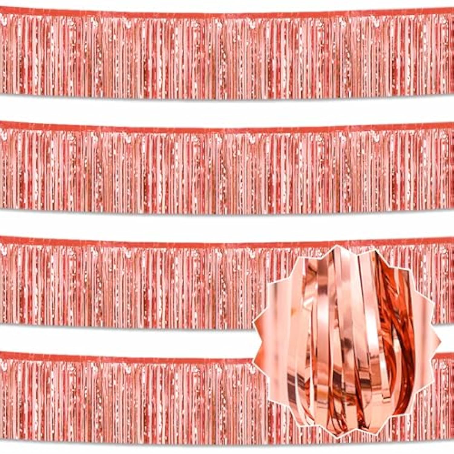 4 Pack 10 Ft Rose Gold Foil Fringe Garland Metallic Streamers Tinsel Banner Wall Hanging Garland Backdrop For Parade Floats, Halloween, Christmas, Thanksgiving, New Year Party Decorations