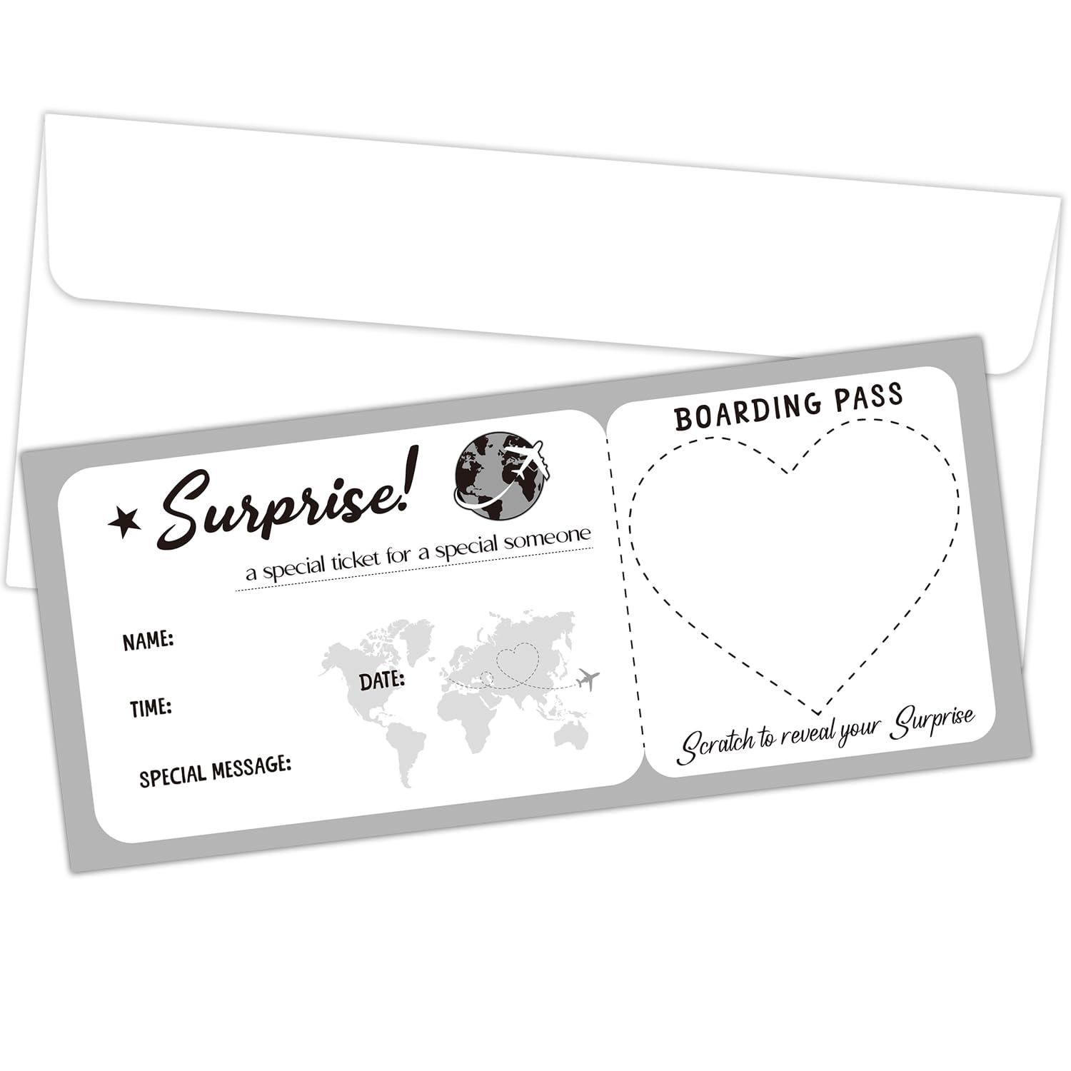 Surprise Trip Reveal Ideas Boarding Pass Ticket With Envelopes, 5 Set 3.5"X8"Gray Travel Ticket Gift, Special For Holiday Birthday Valentine'S Day Christmas Wedding Gift Card-005/5