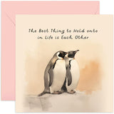 Old English Co. Wedding Anniversary Card For Husband - 'Hold Onto Eachother' - Romantic Penguin Card For Wife Girlfriend, Boyfriend, Husband - Sweet Quote For Couple | Blank Inside Envelope