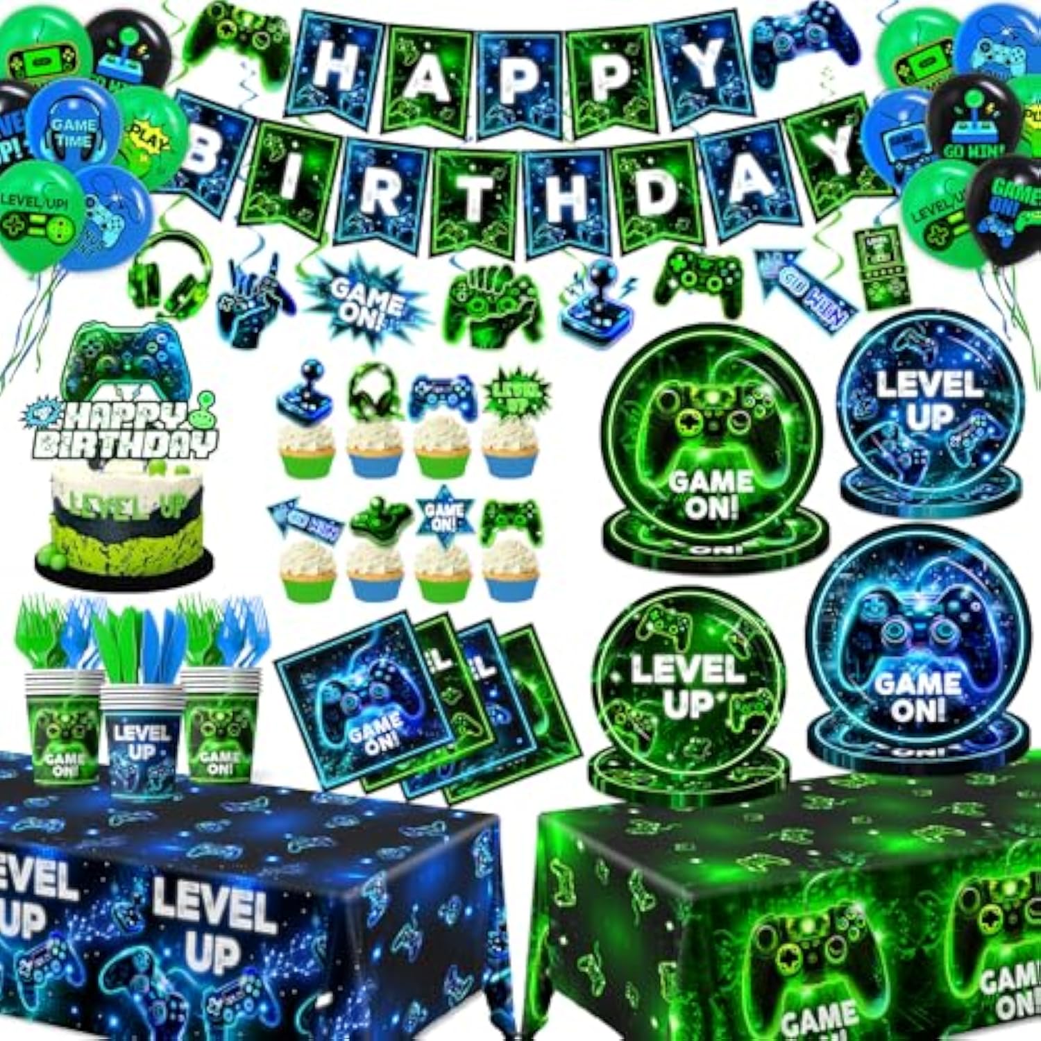Video Game Birthday Party Decoration - Neon Game Party Tableware Include Plate Napkin Banner Tablecloth Game Level Up Theme Decorations For Boy Gamer Birthday Decor Serves 24