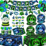 Video Game Birthday Party Decoration - Neon Game Party Tableware Include Plate Napkin Banner Tablecloth Game Level Up Theme Decorations For Boy Gamer Birthday Decor Serves 24