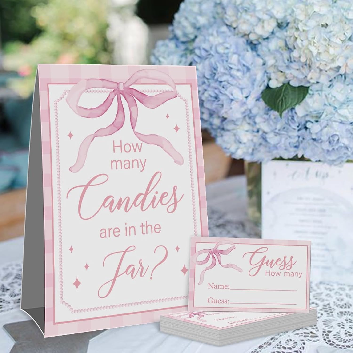 Guess How Many Candies Sign(1 Standing Sign-50 Guessing Cards) Pink Bow Theme Activities Cards Kit For Baby Showers, Newborn Parties, Bridal Shower, Engagement, Wedding Shower, Birthdays-58