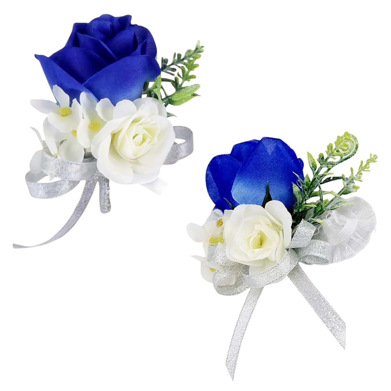 Artificial Rose Wrist Corsage And Boutonniere Set Handmade Wedding Flower Accessories With Ribbon Prom Suits Decorations For Bride Bridesmaid (Blue And White)