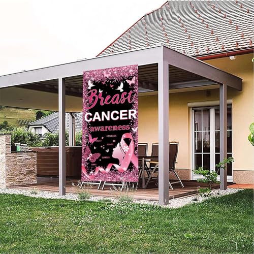 Breast Cancer Awareness Door Decorations Breast Cancer Awareness Banner Breast Cancer Awarenesss Door Banner for October Breast Cancer Month Party Decorations, 71 x 35 Inch (BLACK)