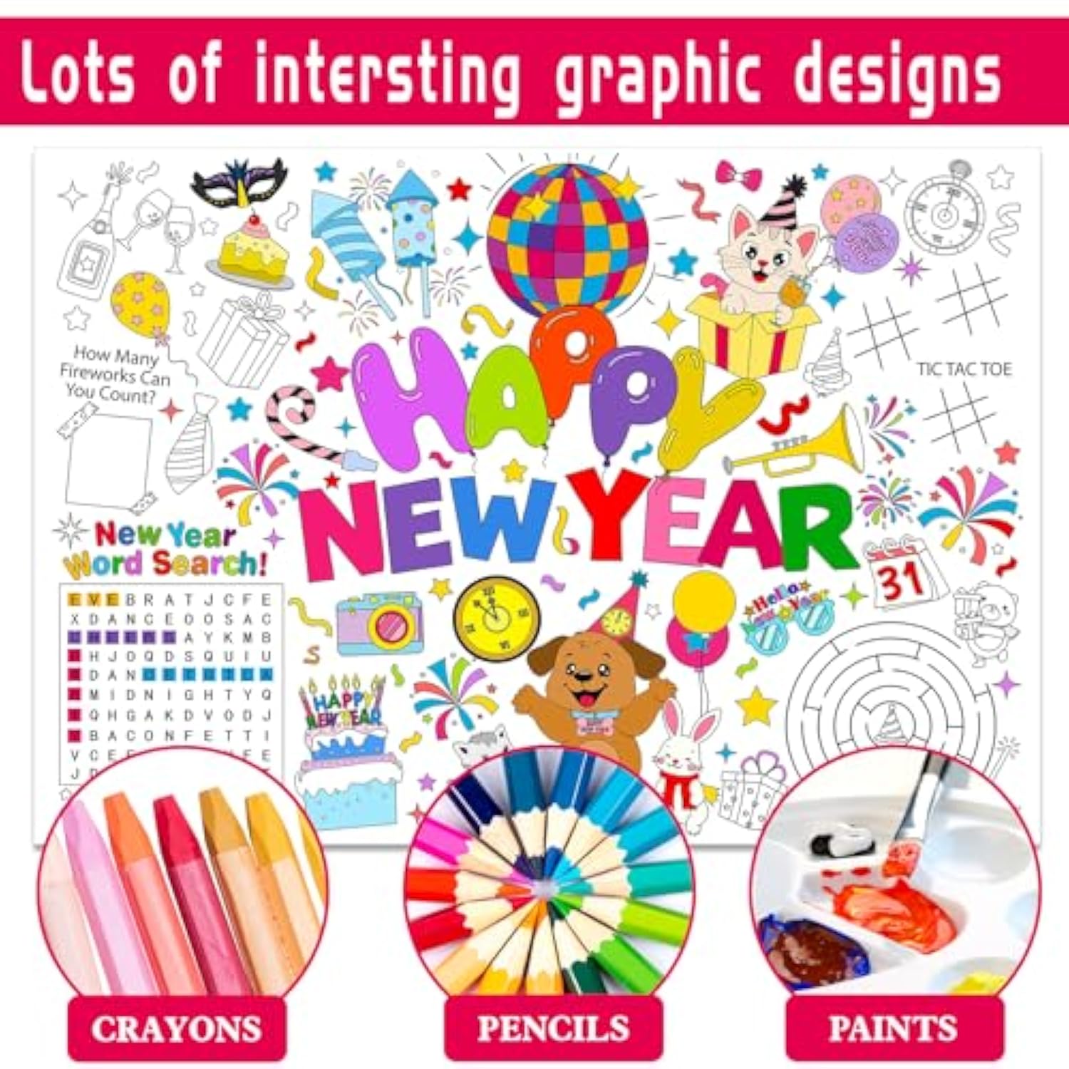 Happy New Year 2026 Giant Coloring Poster with 24 Paint Pens for Kids